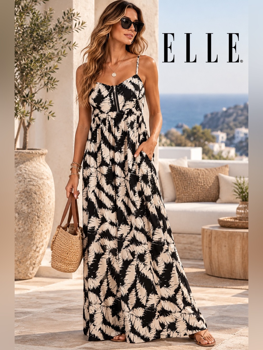 ELLE Womens L Black Ivory Abstract Print Rayon Maxi Dress Exposed Zip Pockets